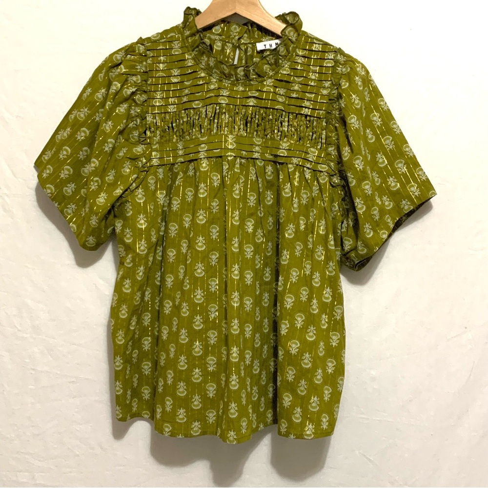 THML Olive Green Smocked Floral Short Sleeve Top - Picture 3 of 13
